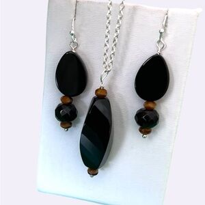 Silver plated Black crystals and tigers eye Jewelry Set